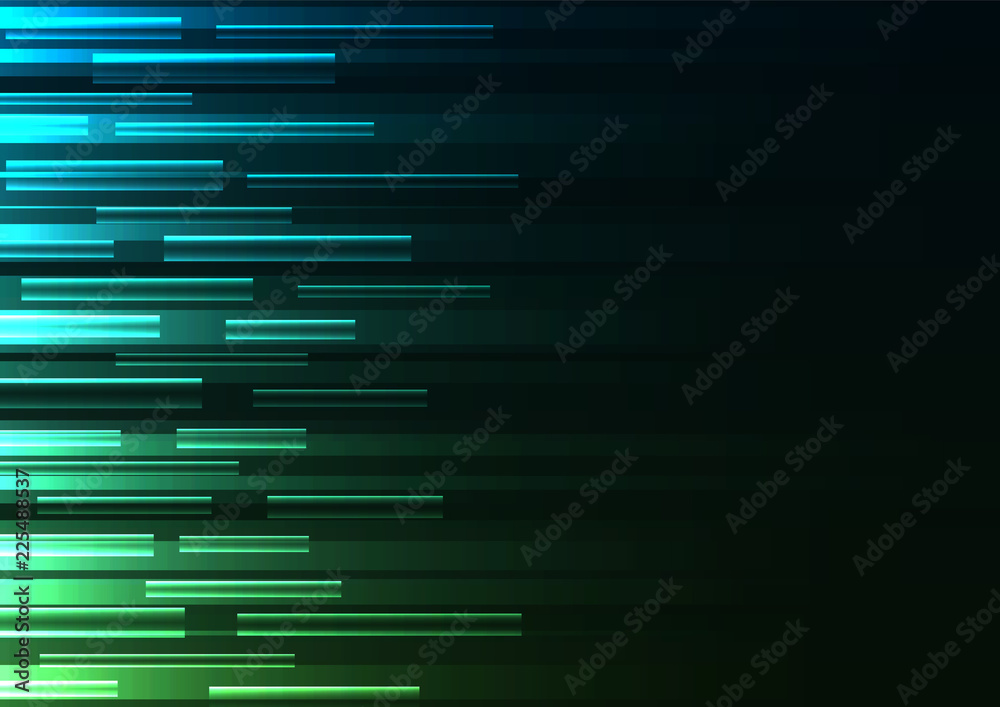 Fototapeta green overlap pixel speed in dark background, geometric layer motion backdrop, simple technology template, vector illustration
