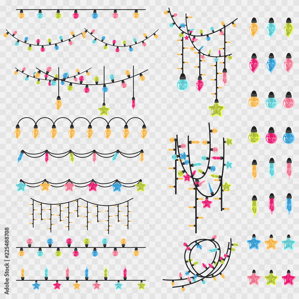 Christmas garland string and glass vintage light bulb of different colors. Vector cartoon Xmas decoration element set isolated on a transparent background.
