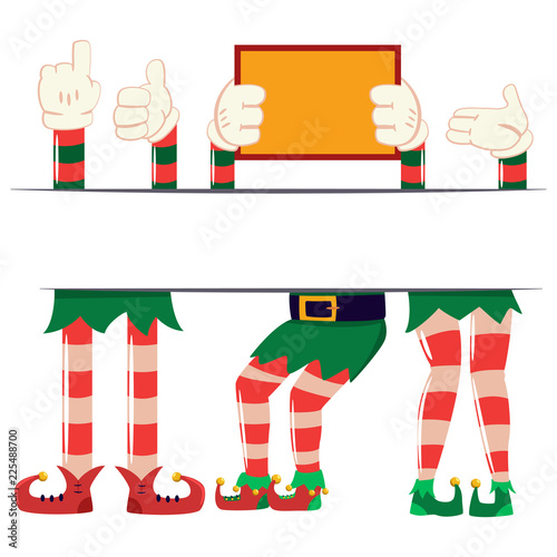 Elf shoes with legs and cartoon hands in gloves with an empty sign. Vector Christmas set of Santa's helpers isolated on white background.