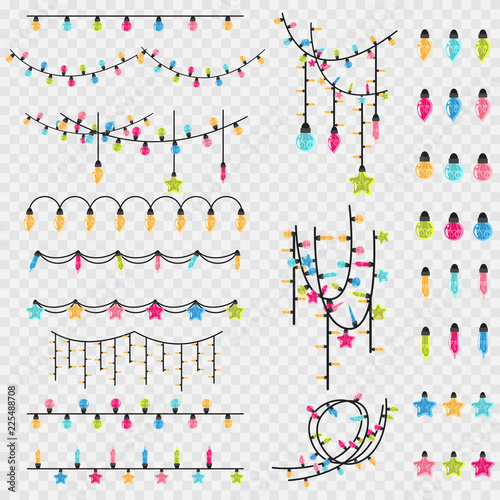 Christmas garland string and glass vintage light bulb of different colors. Vector cartoon Xmas decoration element set isolated on a transparent background.