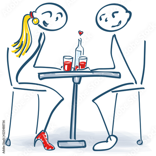 Strichmännchen beim ersten Date am romantischen Tisch