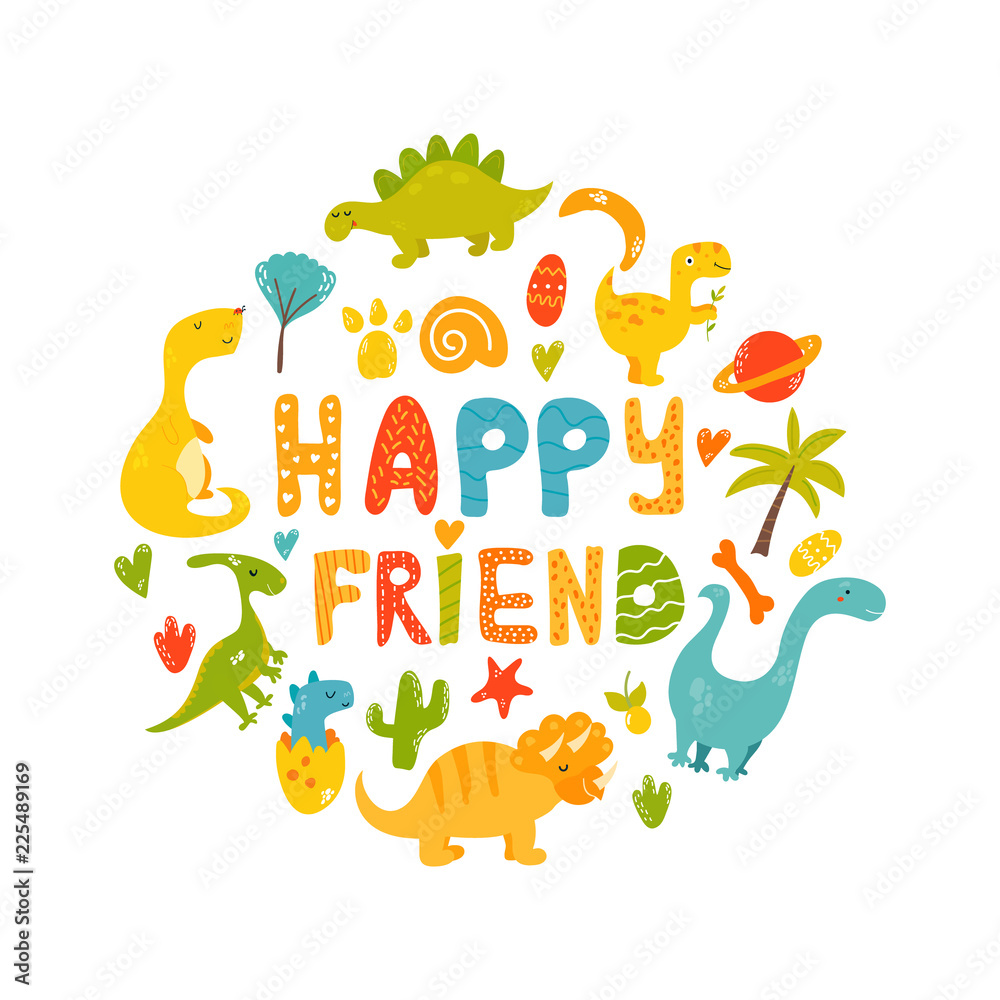 Poster with cute cartoon dinos characters Poster with cute cartoon dinos characters