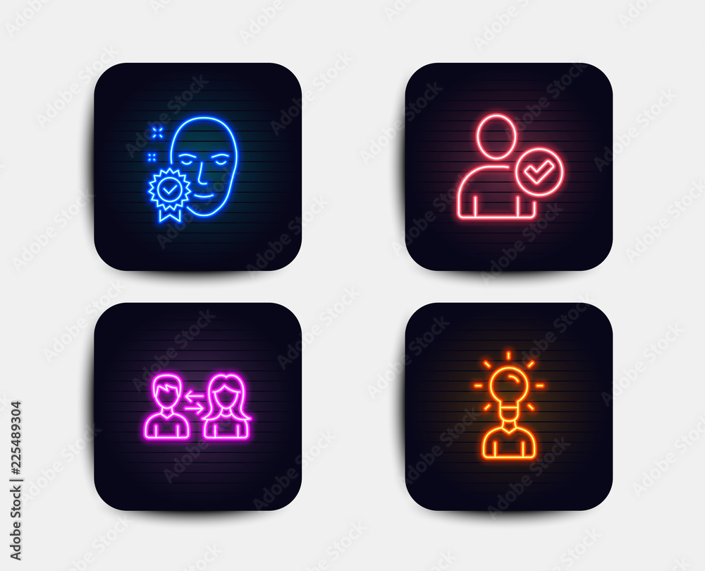 Neon glow lights. Set of Face verified, Identity confirmed and People communication icons. Education sign. Access granted, Person validated, People talking. Human idea.  Neon icons. Vector