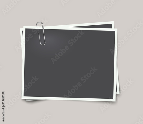 Vector two photo frames with paper clip with shadow on transparent background.