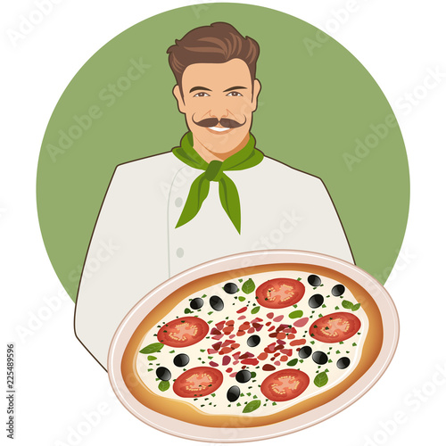 Smiling mustachioed cook with a bandana around his neck carrying a caprese pizza with mozarella, tomato and olives