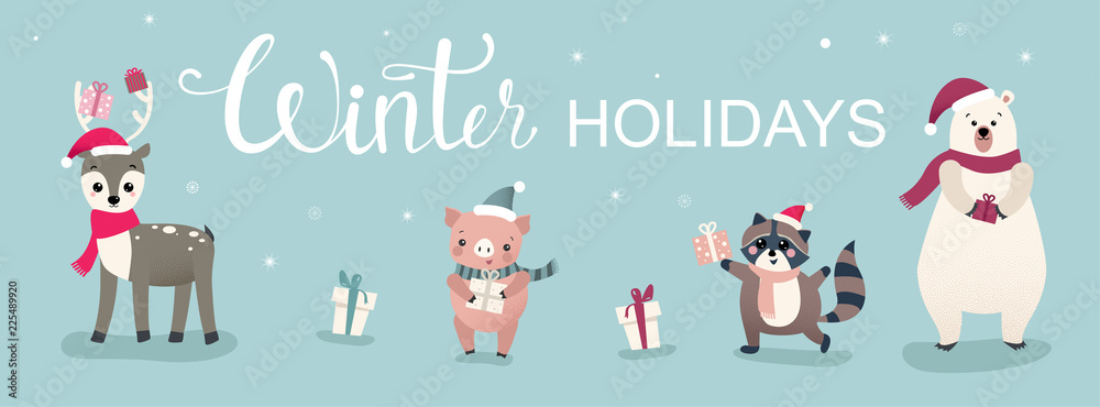 Fototapeta premium Winter Holidays banner with cute cartoon animals and pig.