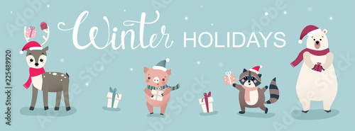 Winter Holidays banner with cute cartoon animals and pig.