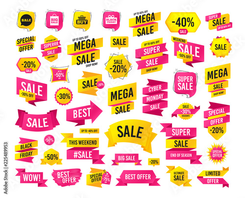 Sales banner. Super mega discounts. Sale speech bubble icons. Buy cart symbols. Black friday gift box signs. Big sale shopping bag. Black friday. Cyber monday. Vector