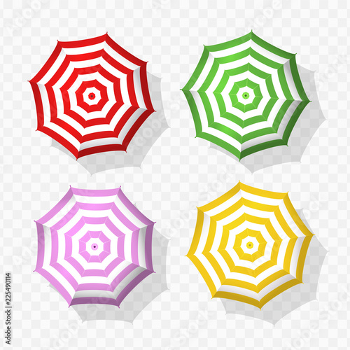 Vector beach striped red, green, violet and yellow umbrellas set on transparent background, ready to use.