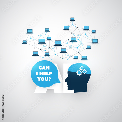 Can I Help You? - Global AI Assistance, Automated Support, Digital Aid, Deep Learning and Future Smart Technology Concept Design with Human Head - Vector Illustration