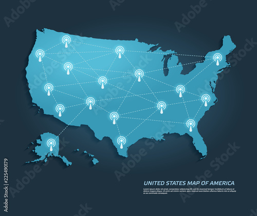 United states map with transmission towers internet connection. Technology concept. - Illustration