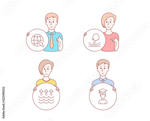 People hand drawn style. Set of Evaporation, Internet and Elastic icons. Student sign. Global warming, World web, Resilience. Graduation cap.  Character hold circle button. Man with like hand. Vector