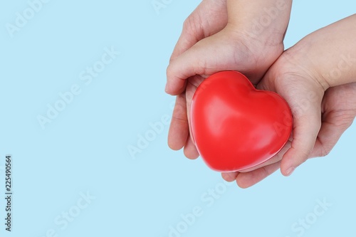 Fototapeta Naklejka Na Ścianę i Meble -  Adult and Child kid Hand holding Red Heart,Concept of Love and Health care,family insurance.World heart day, World health day.Valentine's day.isolated shape of heart on pastel blue background.