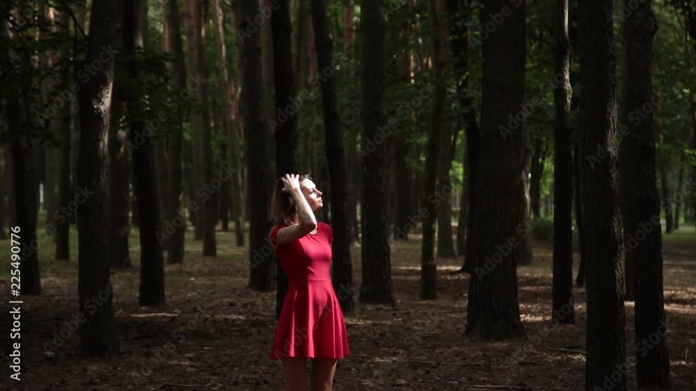 A very beautiful and fashionable woman in a red dress walks through the forest. A very beautiful and fashionable woman in a red dress walks through the forest.