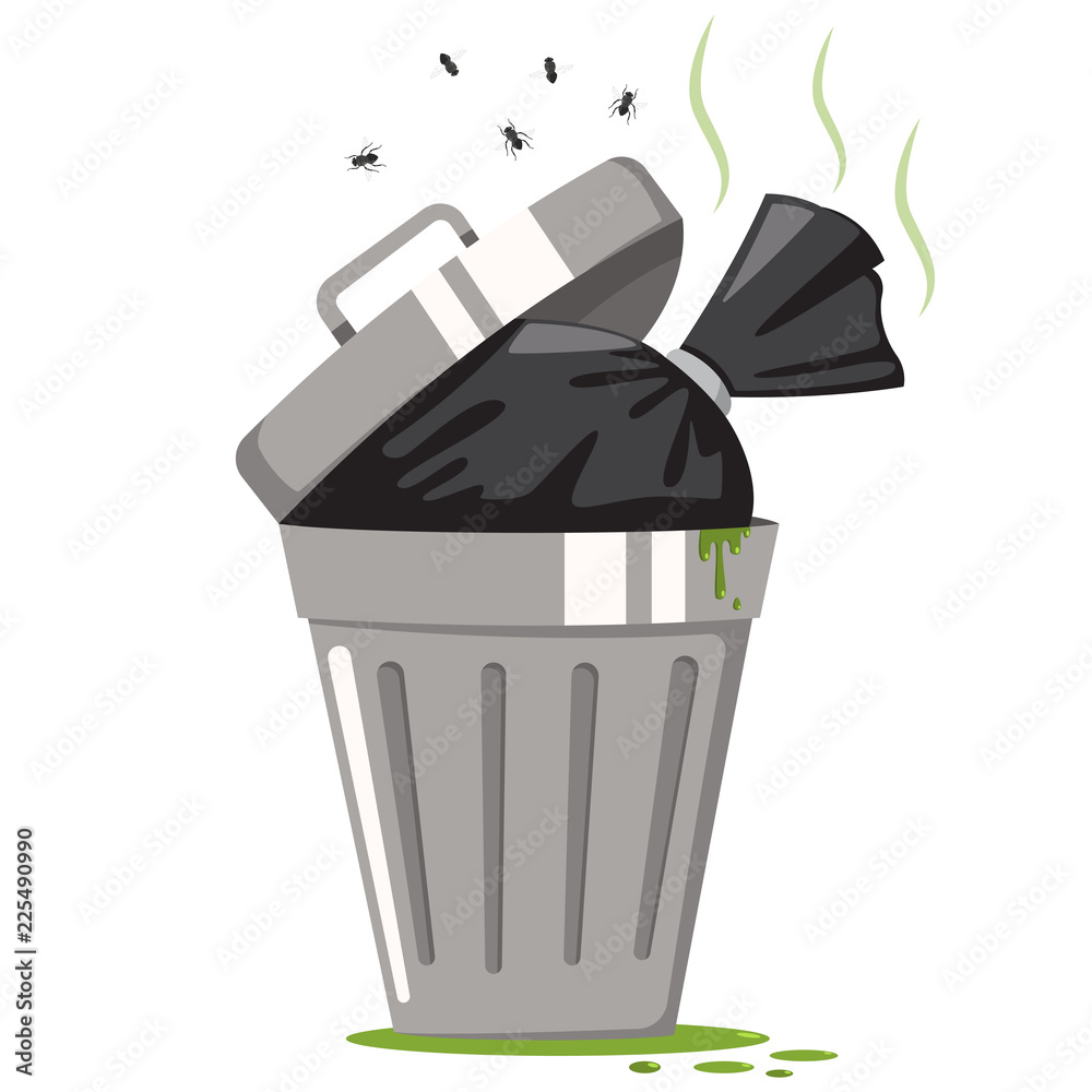 Garbage can with trash black bag and fly. Vector cartoon waste and