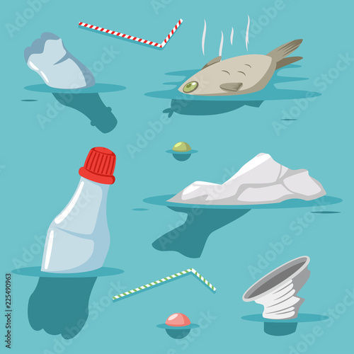 Plastic trash in the ocean. Sea with garbage, waste. Vector cartoon illustration of polluted environment.