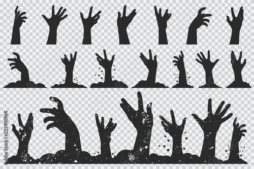 Zombie hands black silhouette. Vector Halloween icons set isolated on a transparent background.