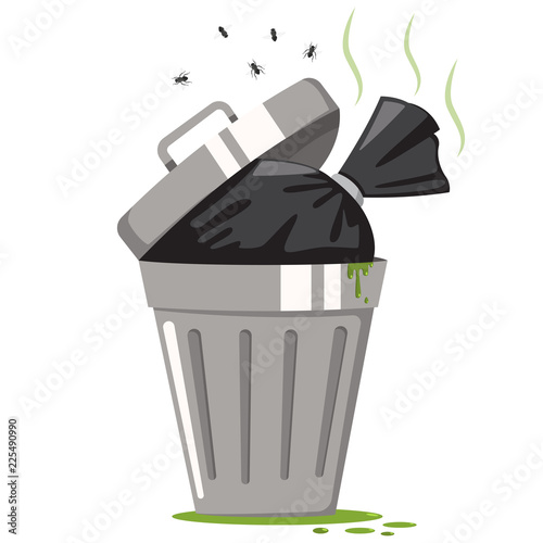 Garbage can with trash black bag and fly. Vector cartoon waste and rubbish icon isolated on a white background.