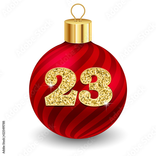 Rote Weihnachtskugel mit glitzernder goldener Schrift, Zahl 23