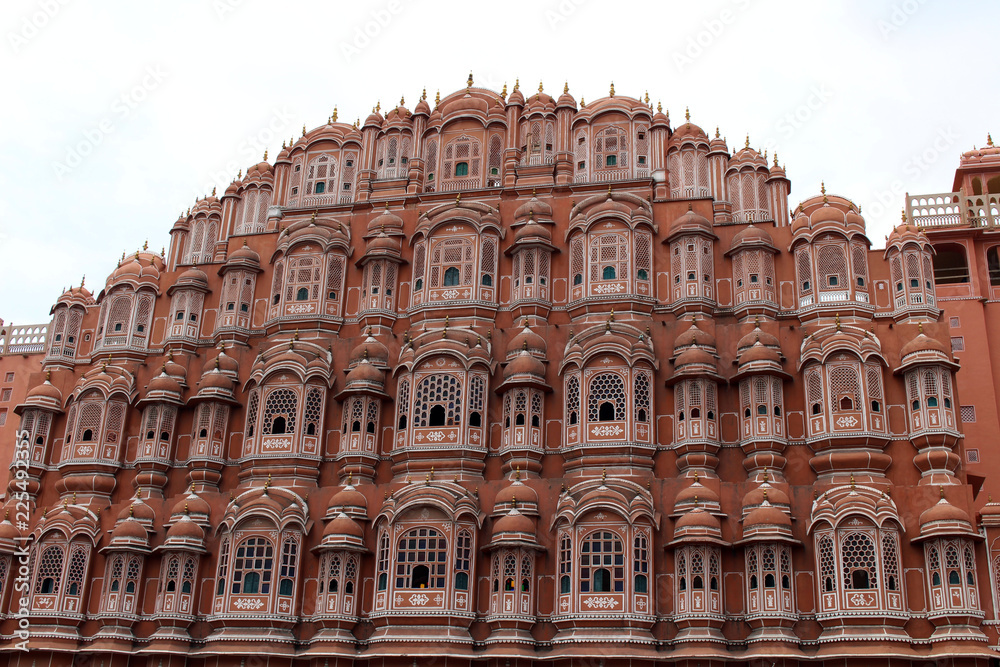 The front view of Hawa Mahal (Palace of Winds or Breeze) in Jaipur with so many chambers.