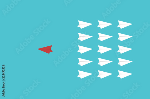 Think differently concept - One red unique different paper plane flying opposite way of identical white ones. Courage  confidence  success  crowd and creativity concept. EPS 10 vector illustration.