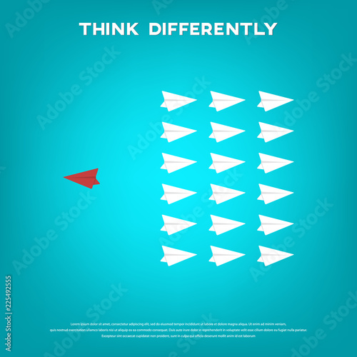 Think differently concept - One red unique different paper plane flying opposite way of identical white ones. Courage, confidence, success, crowd and creativity concept. EPS 10 vector illustration.
