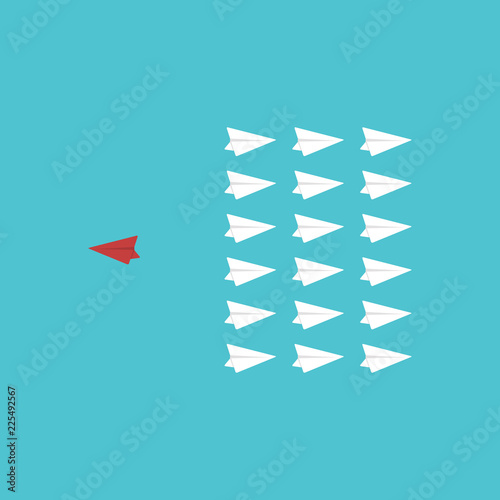 Think differently concept - One red unique different paper plane flying opposite way of identical white ones. Courage, confidence, success, crowd and creativity concept. EPS 10 vector illustration.
