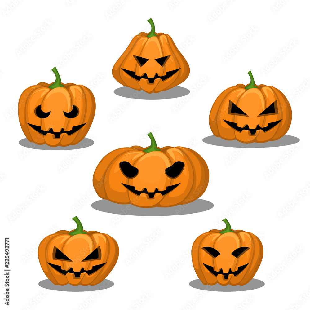 Set of six pumpkins of different shapes for Halloween with different emotions on a white background. Set of six pumpkins of different shapes for Halloween with different emotions on a white background.