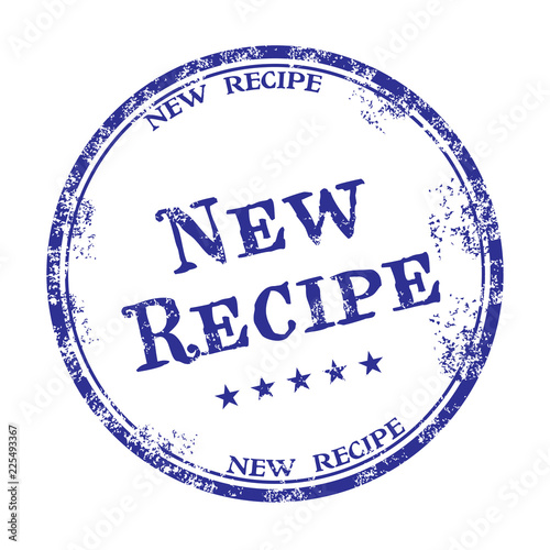 Blue grunge rubber stamp with the text new recipe written inside the stamp