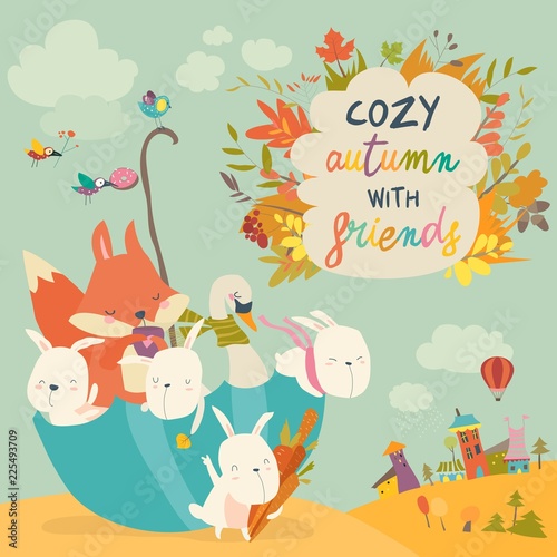 Happy animals sitting in umbrella in autumn park