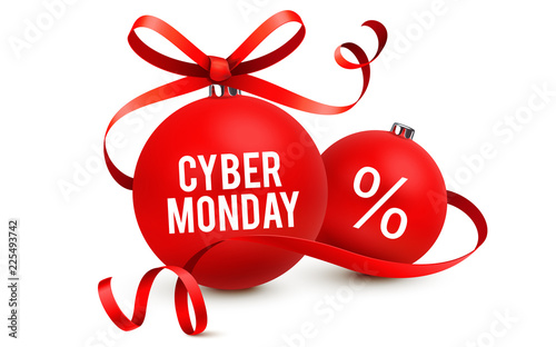 Cyber Monday - Rote Weihnachtskugeln mit geschwungener Schleife und Typografie