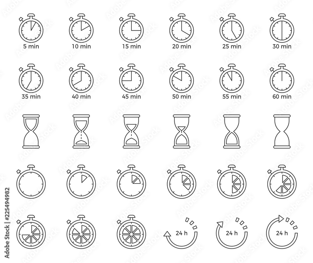 Fotografie Timer and sand clock icon for use as cooking instruction, outline editable strok