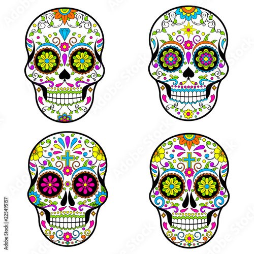 Mexican Sugar skulls, Day of the dead vector illustration on white background 