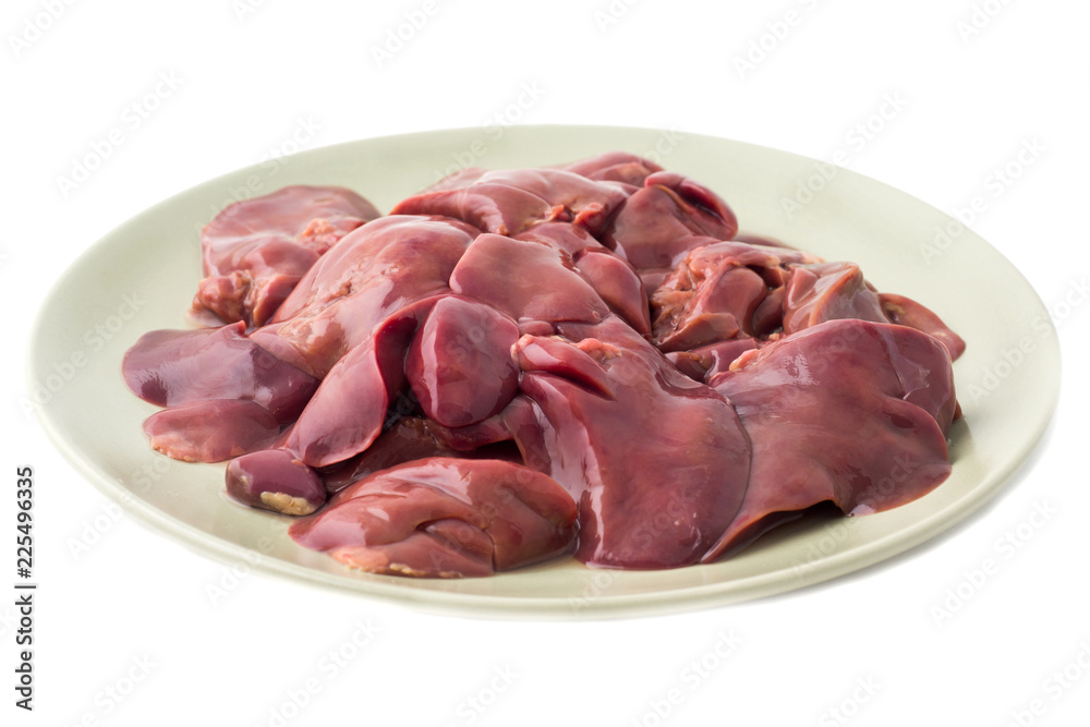 Fresh raw chicken liver on a plate. Isolated on white Fresh raw chicken liver on a plate. Isolated on white