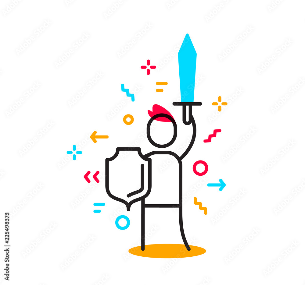 Vector business illustration of a man holding sword and shield. Defender to solve problem creative linear concept. Vector business illustration of a man holding sword and shield. Defender to solve problem creative linear concept.