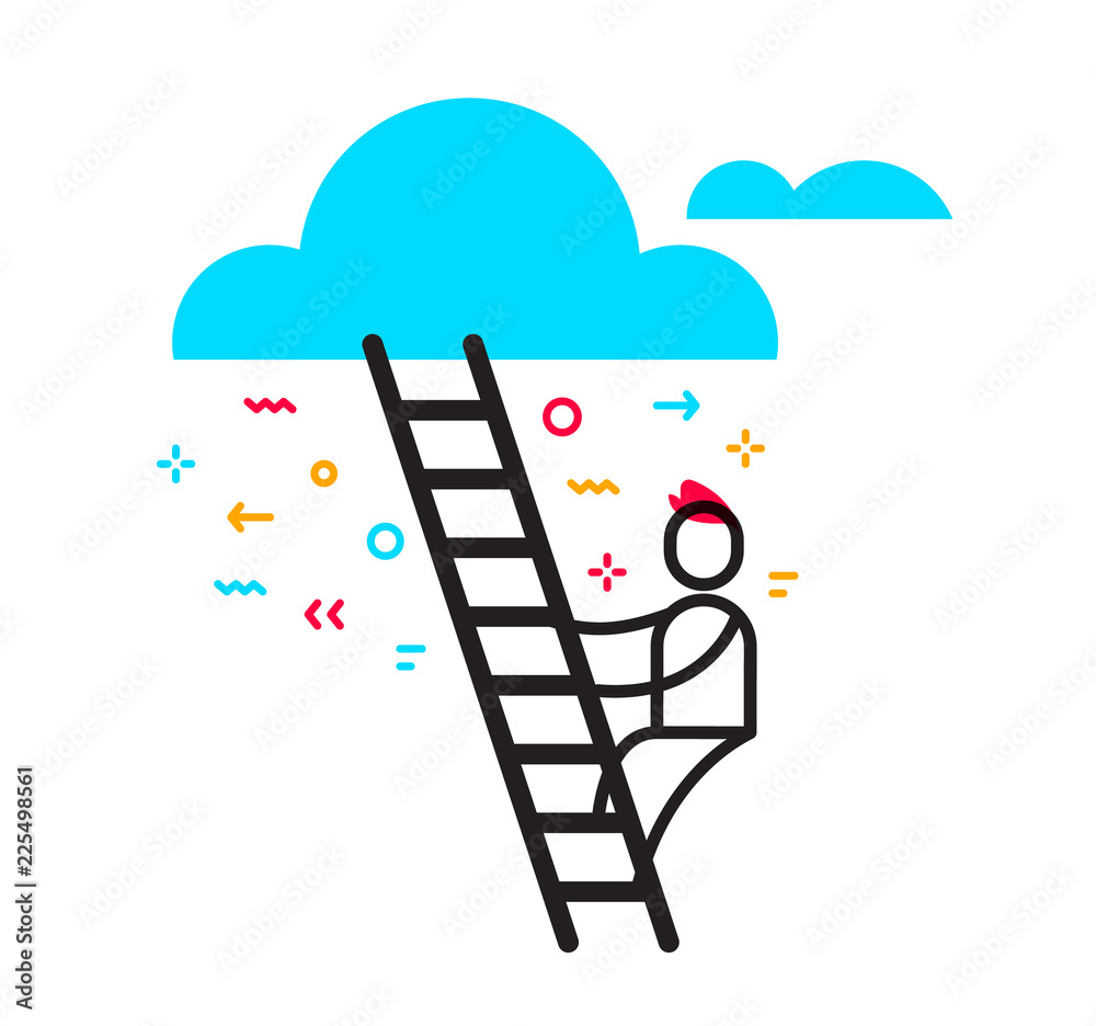 Vector business illustration of man stepping up a ladder to cloud. Success and development of career linear concept. Vector business illustration of man stepping up a ladder to cloud. Success and development of career linear concept.