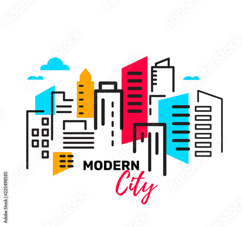 Vector illustration of urban landscape with building and skyscraper on white background. Real estate and construction industry linear concept.