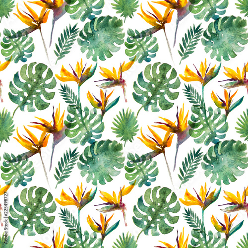 Tropical floral seamless pattern background in watercolor technique with exotic flowers and leaves. Jungle botanical illustration.