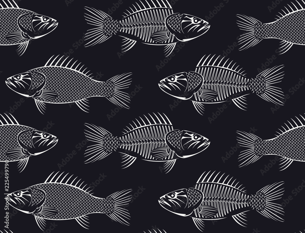 Vector seamless background with white drawn sketches of fish on black background. Hand-drawn illustration in retro style. Can be used for seafood menu or fish market Vector seamless background with white drawn sketches of fish on black background. Hand-drawn illustration in retro style. Can be used for seafood menu or fish market