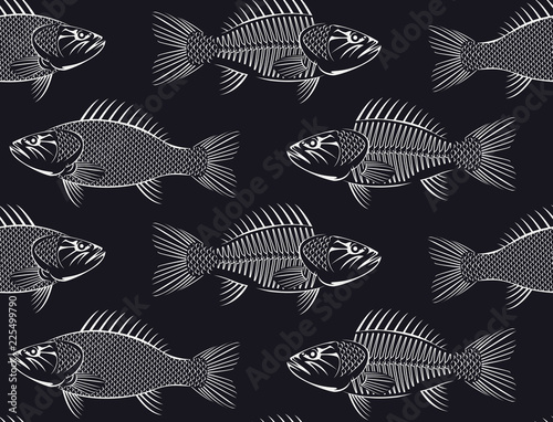 Vector seamless background with white drawn sketches of fish on black background. Hand-drawn illustration in retro style. Can be used for seafood menu or fish market