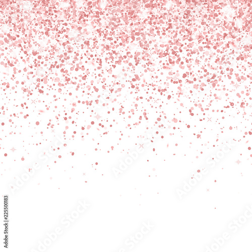 Rose gold falling glitter particles on white background. Vector