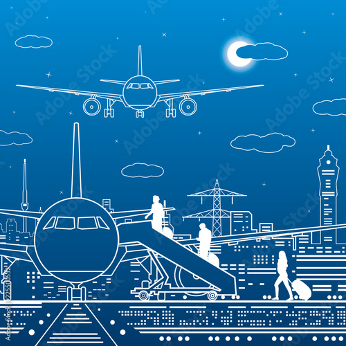 Airport illustration. Passengers go to the airplane. Aviation travel transportation infrastructure. The plane is on the runway. Night city on background, vector design art