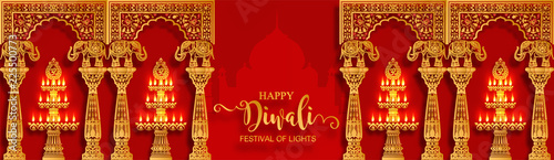 Happy Diwali festival card with gold diya patterned and crystals on paper color Background.