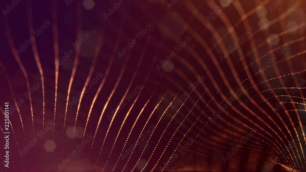 3d loop sci-fi animation with glow particles form rolling strings structures. Seamless footage as dark golden digital abstract background with particles, depth of field, bokeh. Motion graphics 7 3d loop sci-fi animation with glow particles form rolling strings structures. Seamless footage as dark golden digital abstract background with particles, depth of field, bokeh. Motion graphics 7