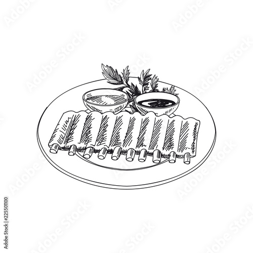 Vector hand drawn ribs with two kinds of sauce.