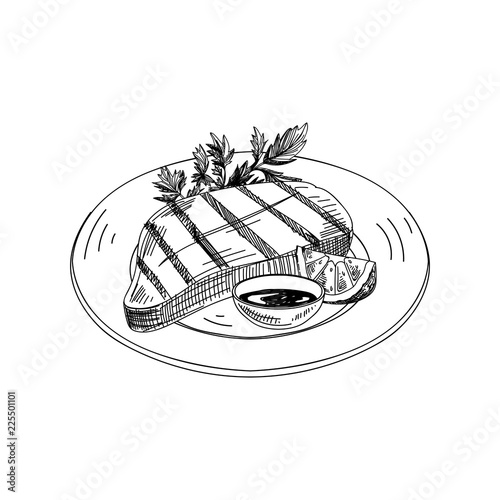 Vector hand drawn steak with lemon and sauce. 