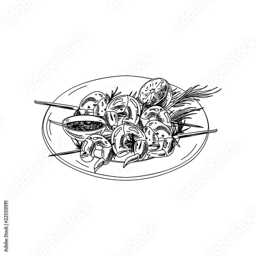 Vector hand drawn shrimp skewers with sauce.