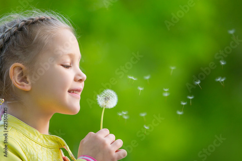 cute little girl blowing dandelion in the meadow