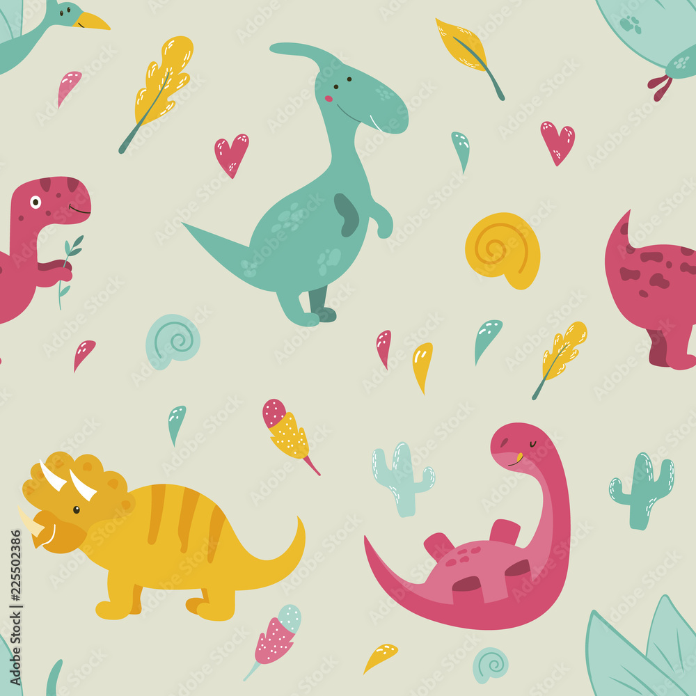 Bright seamless pattern with cute dinosaurs