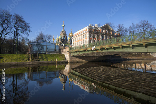The Church of the Savior on Spilled Blood, Second Garden bridge across Moika river and the building of Folk Arts School. Saint-Petersburg Russia. Church was built in 1883-1907.